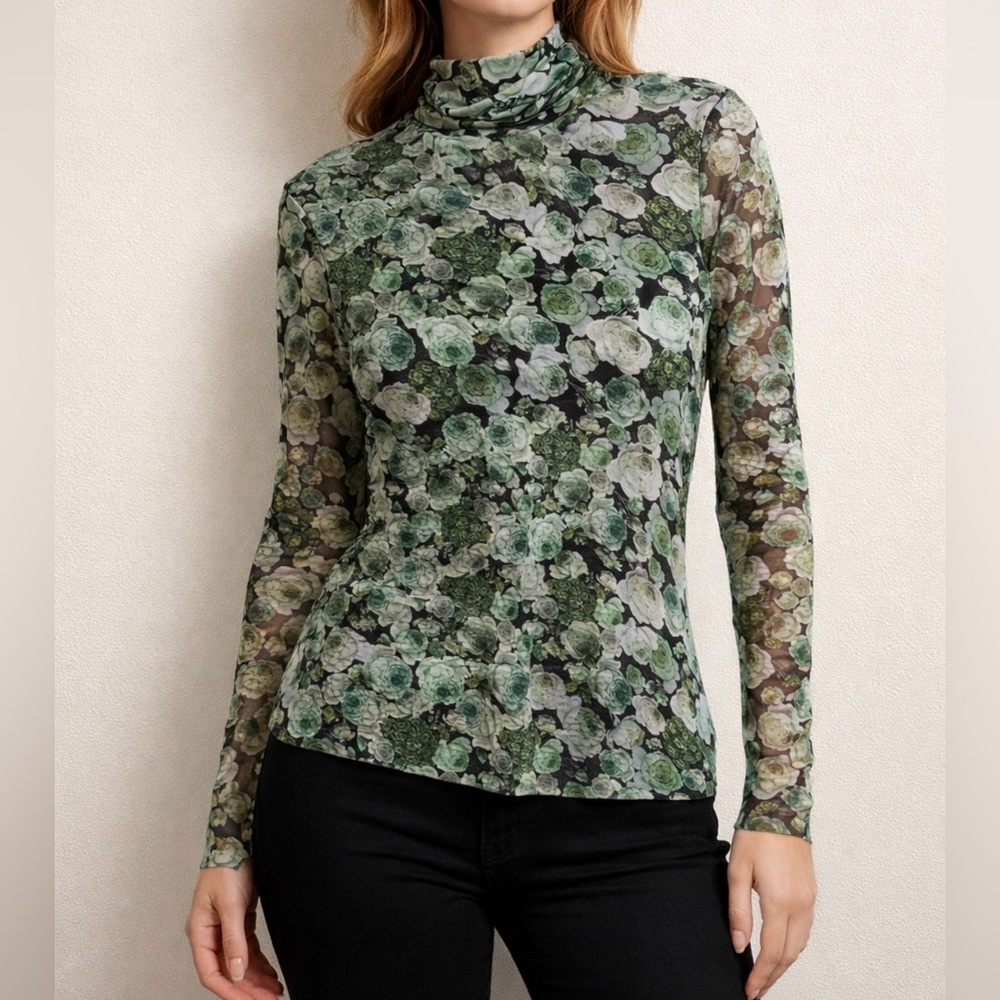 GANNI Floral Sheer Turtleneck Top Size 42 (Medium) Green Rose Mesh Stretch